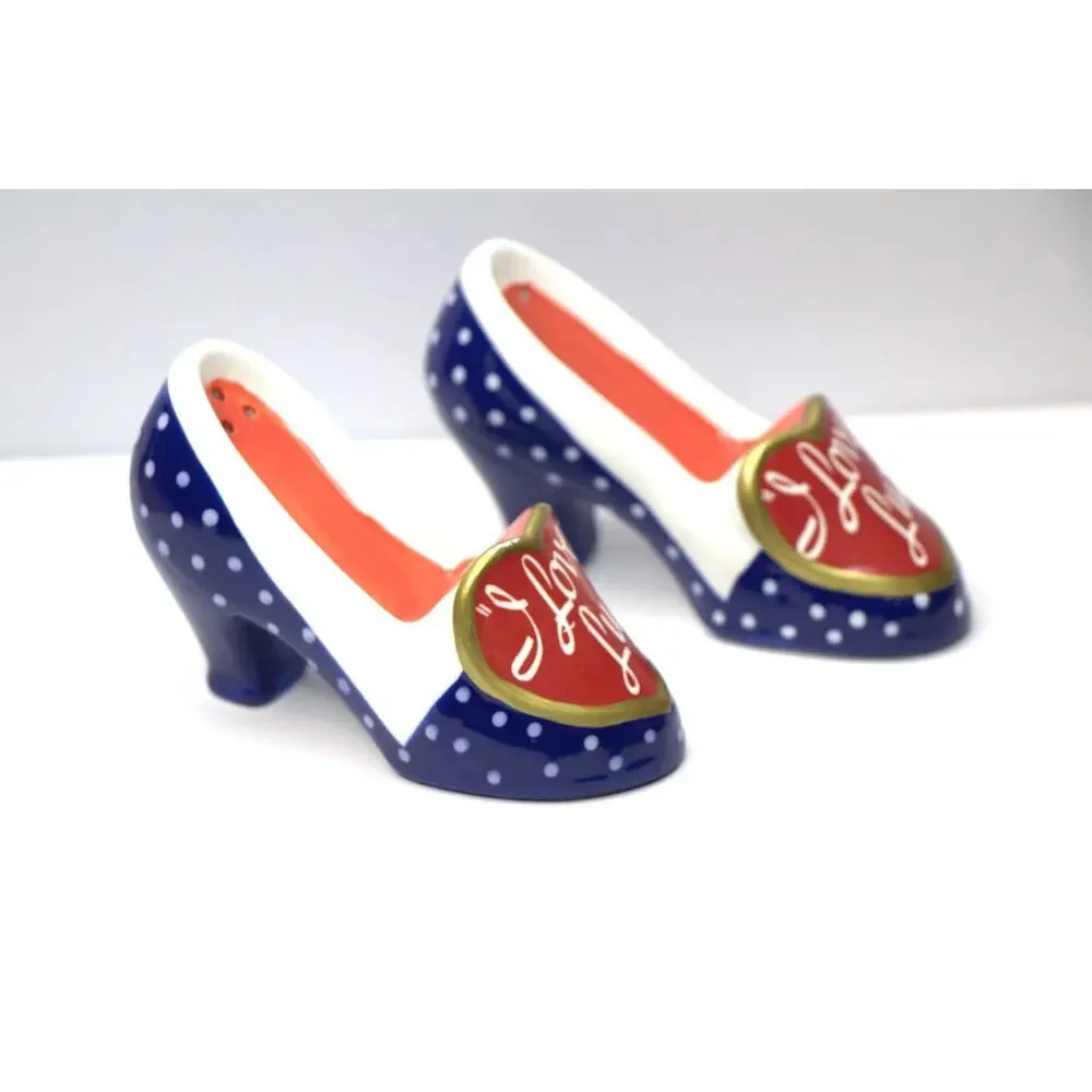 I Love Lucy Ceramic High Heel Salt & Pepper Shakers – Blue Polka Dots, Red Heart